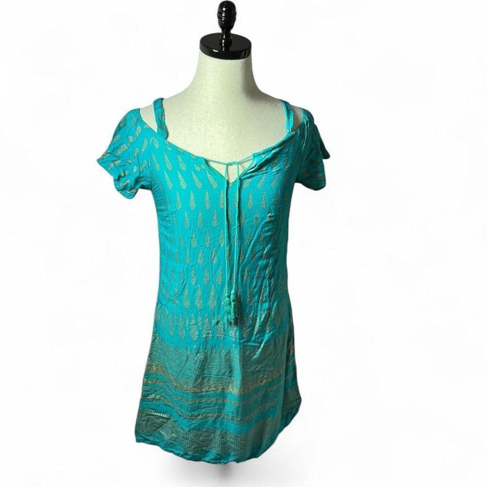 Lapogee Teal Gold Indian Block Print Cold Shoulder Tassel Mini Dress Small‎